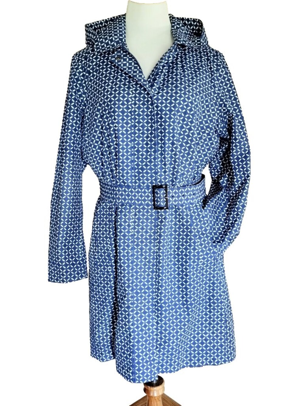 Lands End Hooded Rain Trench Coat L 14-16 Blue White Geo Removable Quilted Liner